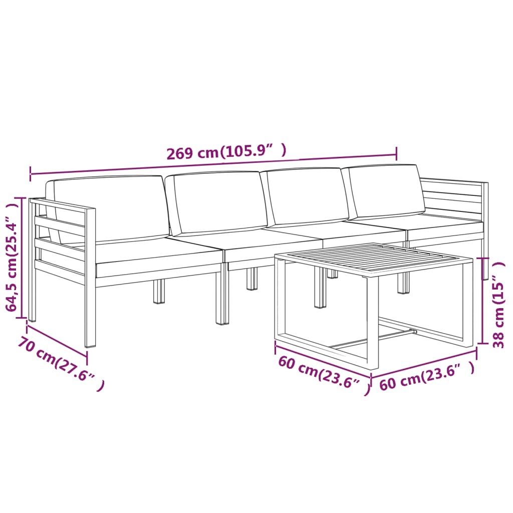 vidaXL Set muebles de jardín 5 pzas y cojines aluminio gris antracita