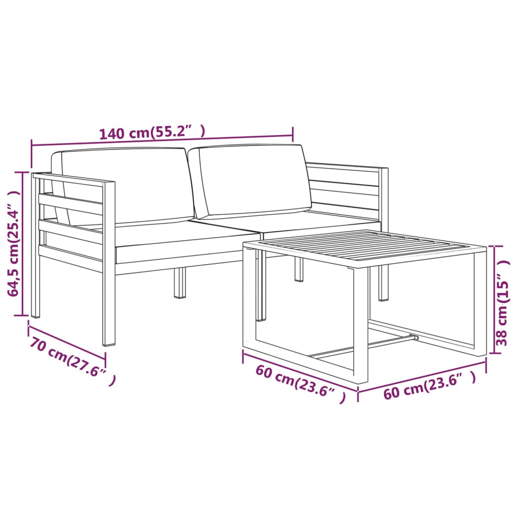 vidaXL Set muebles de jardín 3 pzas y cojines aluminio gris antracita