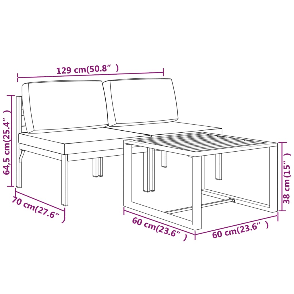 vidaXL Set muebles de jardín 3 pzas y cojines aluminio gris antracita