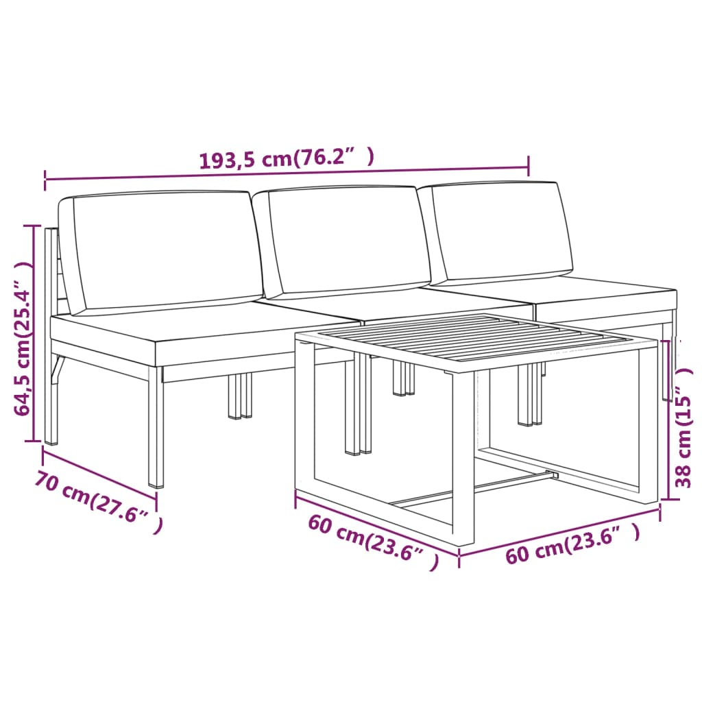 vidaXL Set muebles de jardín 4 pzas y cojines aluminio gris antracita