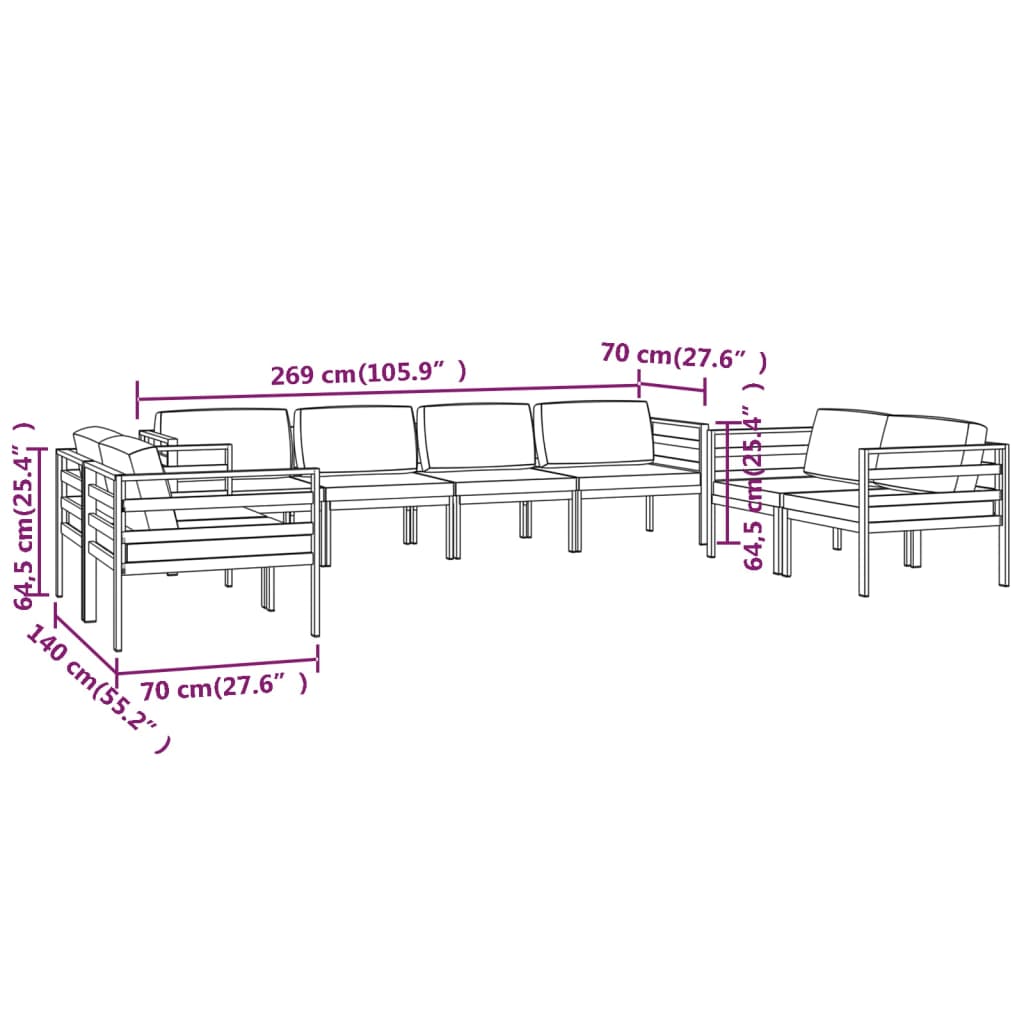 vidaXL Set muebles de jardín 8 pzas y cojines aluminio gris antracita