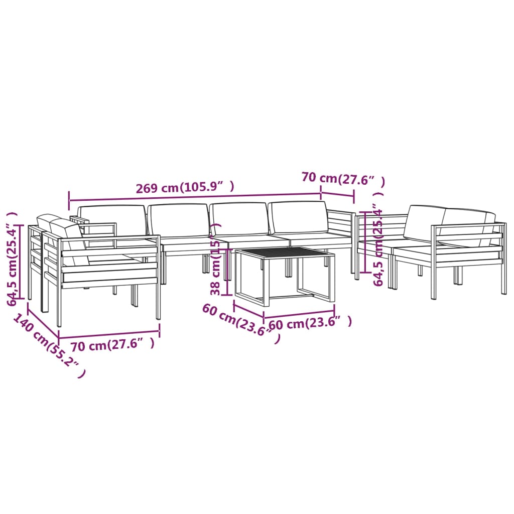 vidaXL Set muebles de jardín 9 pzas y cojines aluminio gris antracita