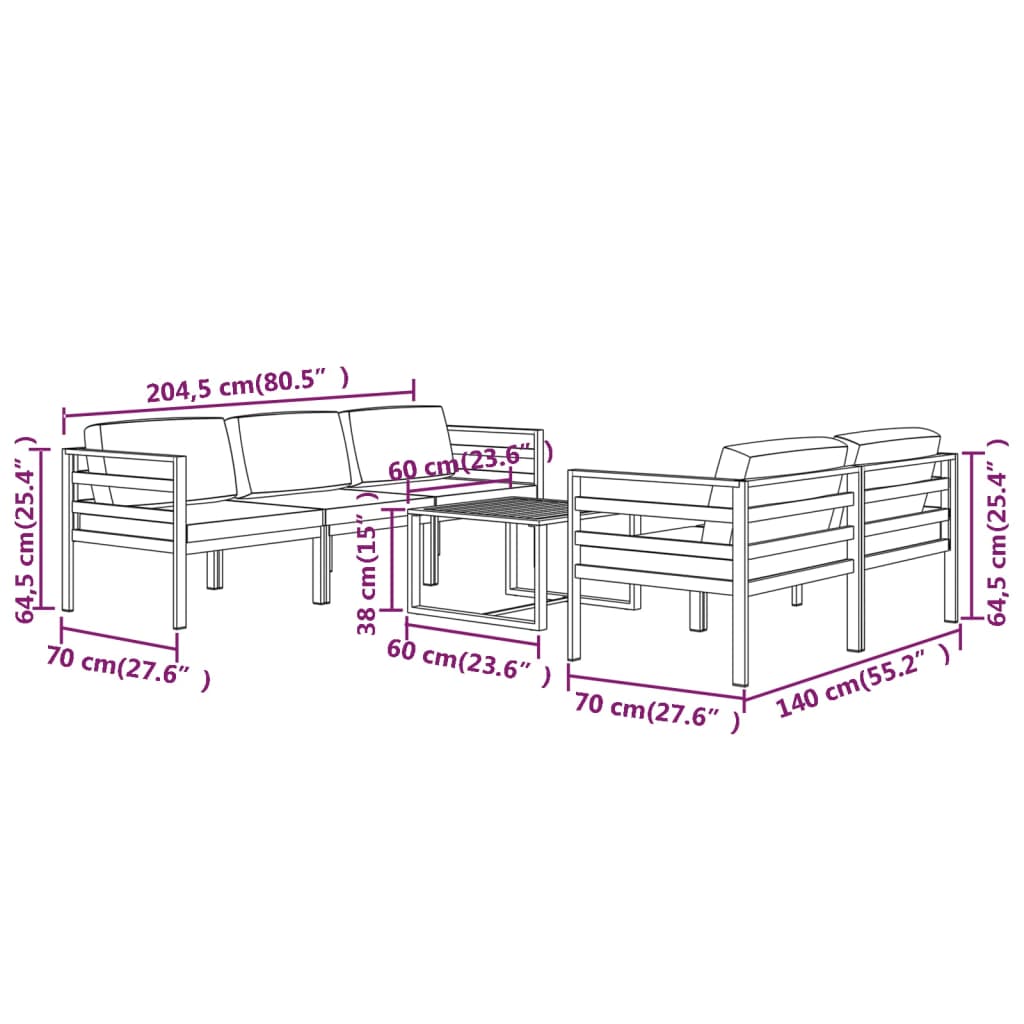 vidaXL Set muebles de jardín 6 pzas y cojines aluminio gris antracita