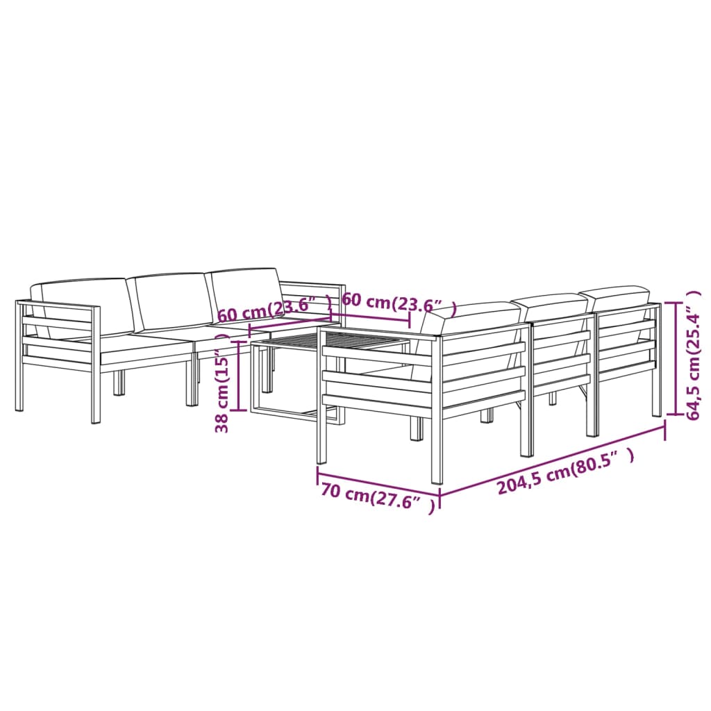 vidaXL Set muebles de jardín 7 pzas y cojines aluminio gris antracita