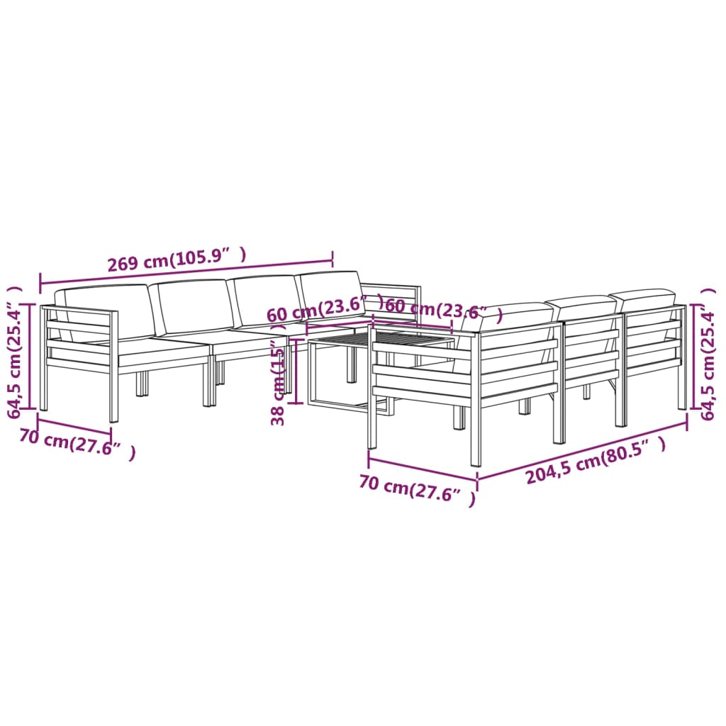 vidaXL Set muebles de jardín 8 pzas y cojines aluminio gris antracita