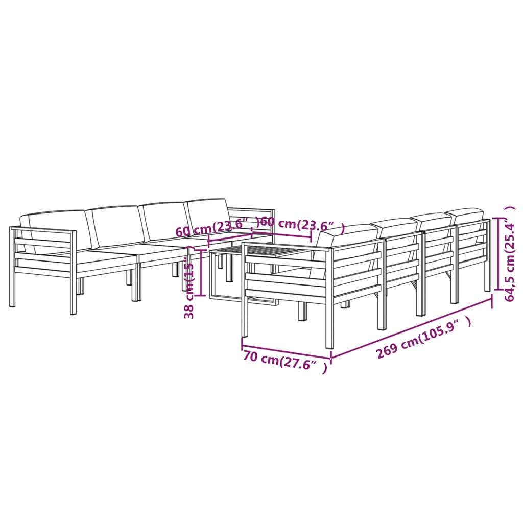 vidaXL Set muebles de jardín 9 pzas y cojines aluminio gris antracita