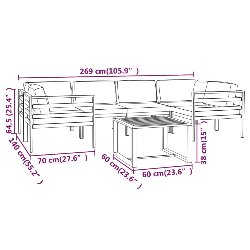 vidaXL Set muebles de jardín 7 pzas y cojines aluminio gris antracita