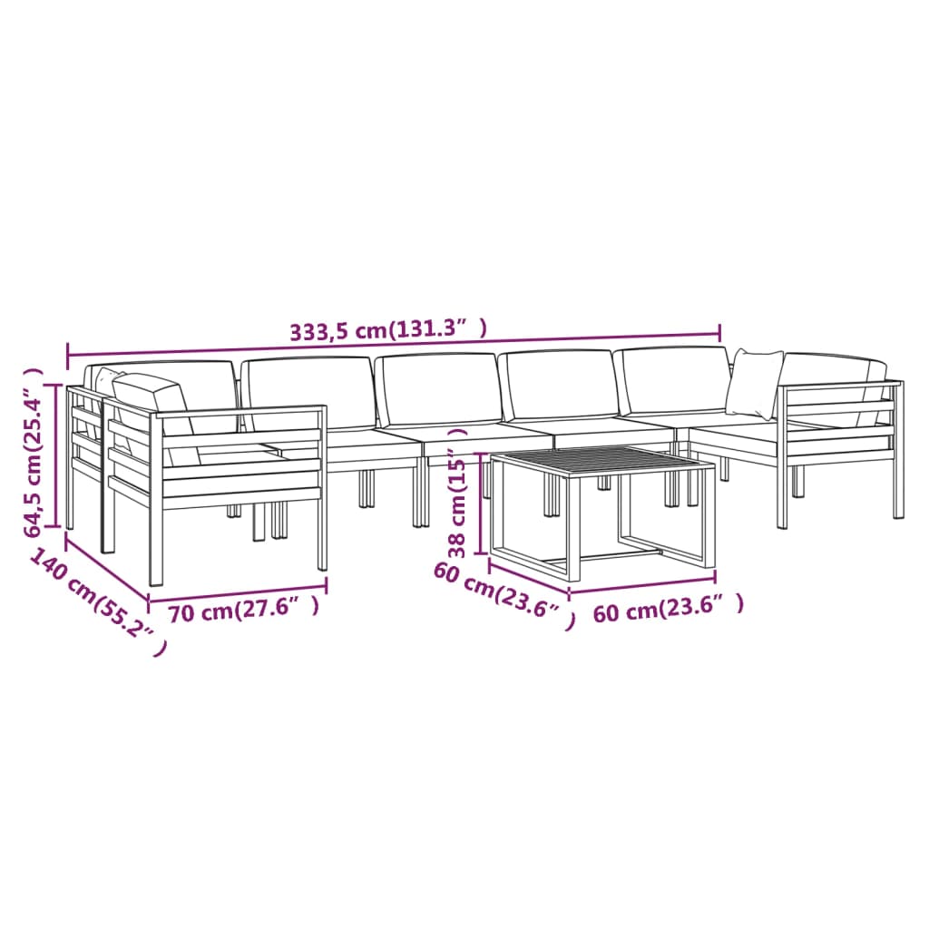 vidaXL Set muebles de jardín 8 pzas y cojines aluminio gris antracita