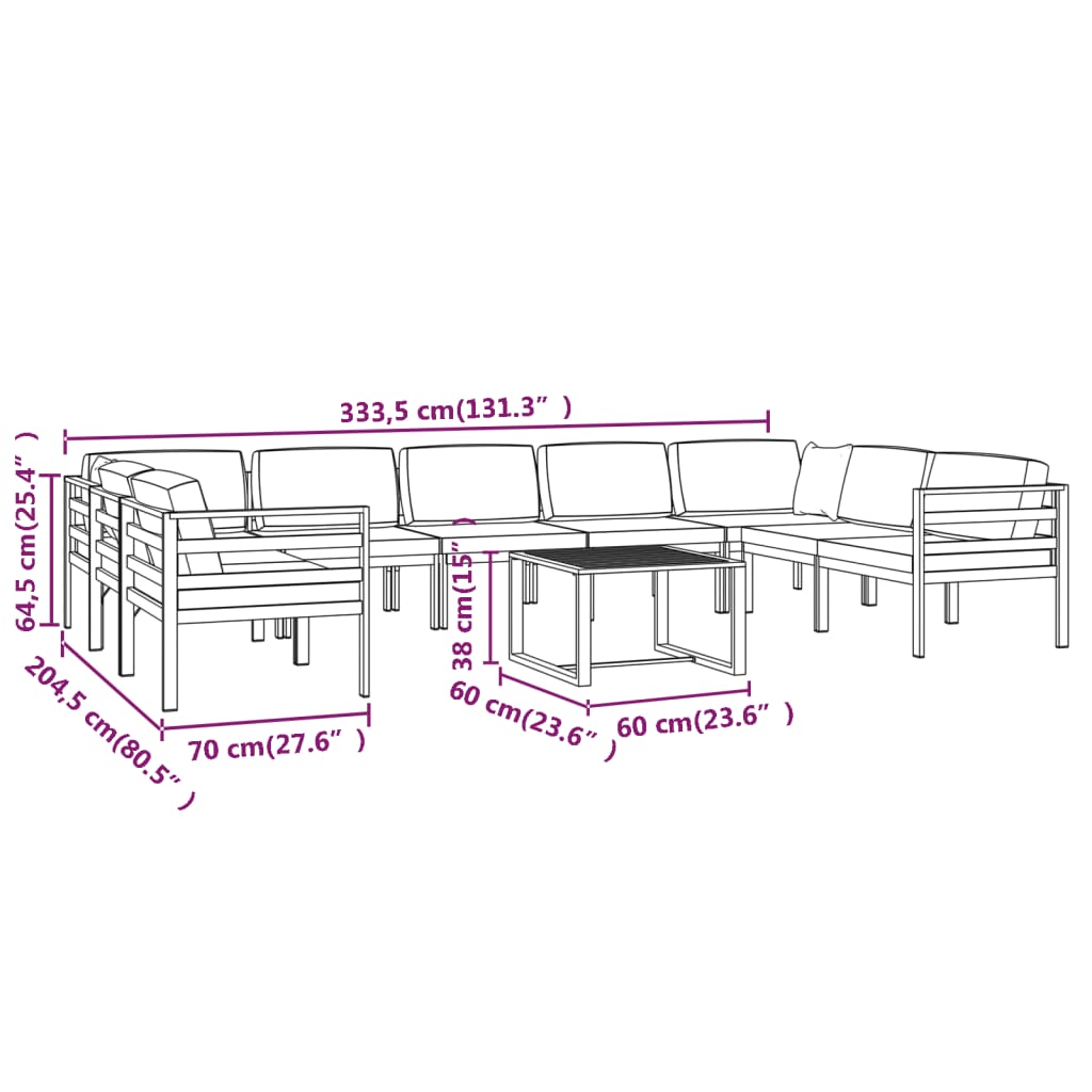 vidaXL Set muebles de jardín 10 pzas y cojines aluminio gris antracita