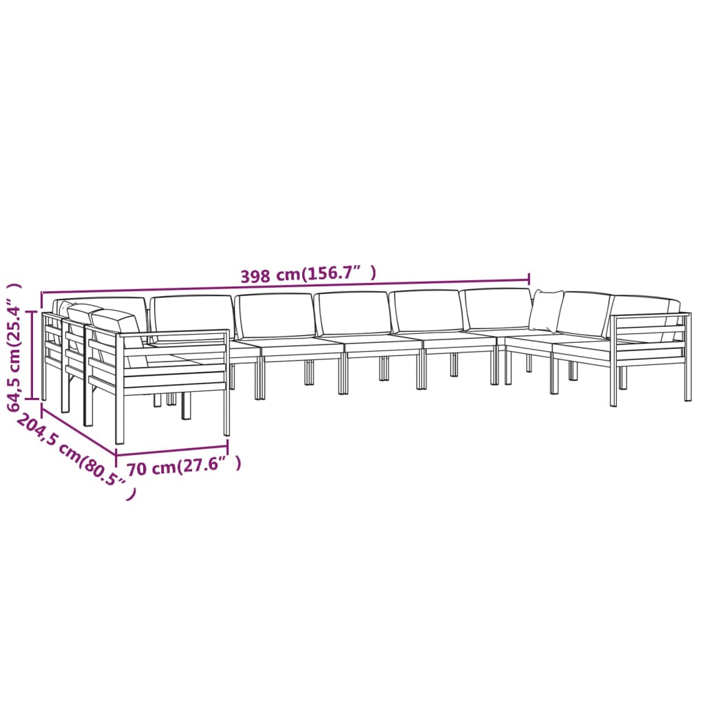 vidaXL Set muebles de jardín 10 pzas y cojines aluminio gris antracita