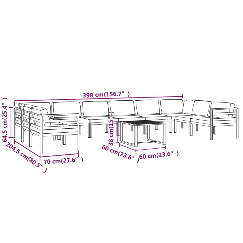 vidaXL Set muebles de jardín 11 pzas y cojines aluminio gris antracita