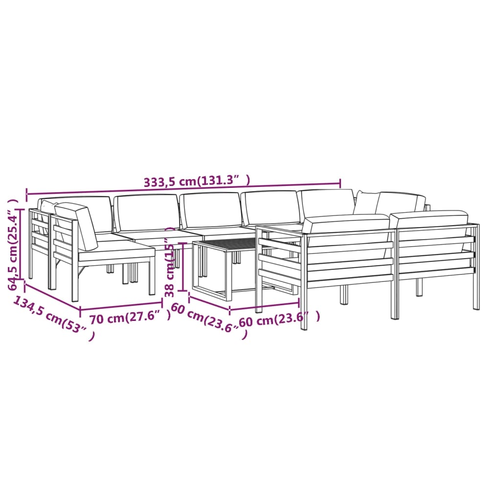 vidaXL Set muebles de jardín 10 pzas y cojines aluminio gris antracita