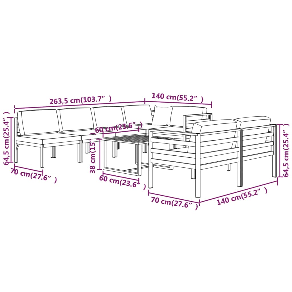 vidaXL Set muebles de jardín 8 pzas y cojines aluminio gris antracita