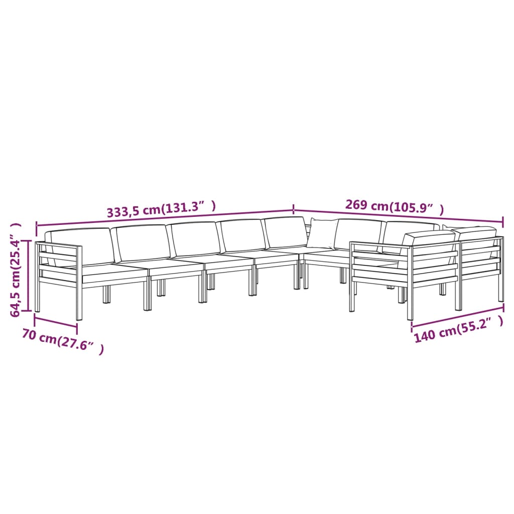 vidaXL Set muebles de jardín 9 pzas y cojines aluminio gris antracita