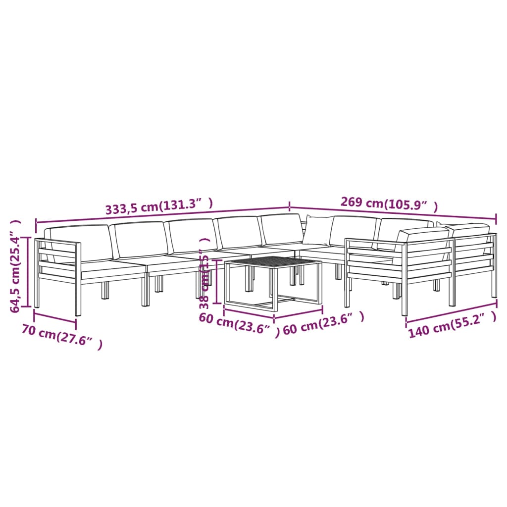 vidaXL Set muebles de jardín 10 pzas y cojines aluminio gris antracita