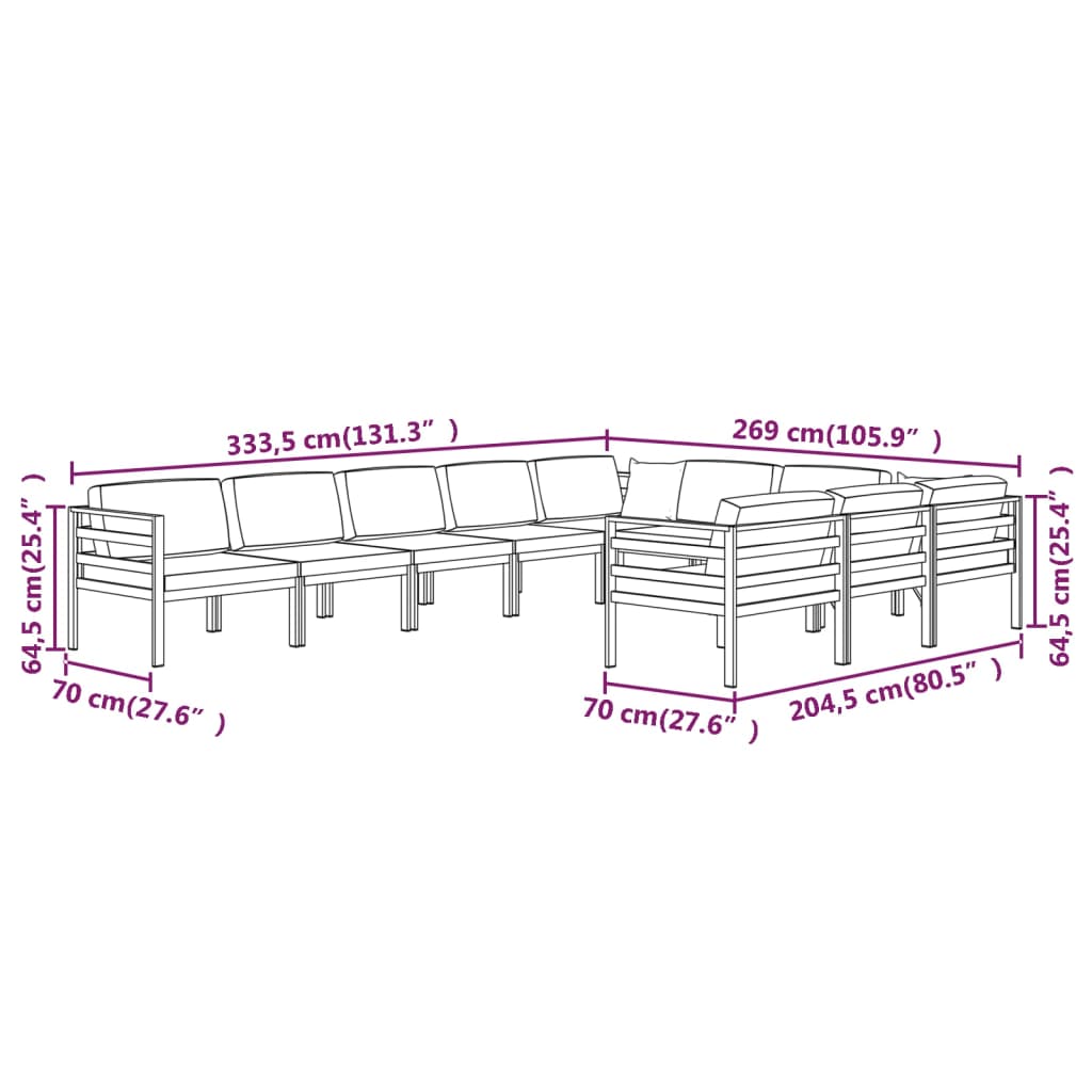 vidaXL Set muebles de jardín 10 pzas y cojines aluminio gris antracita