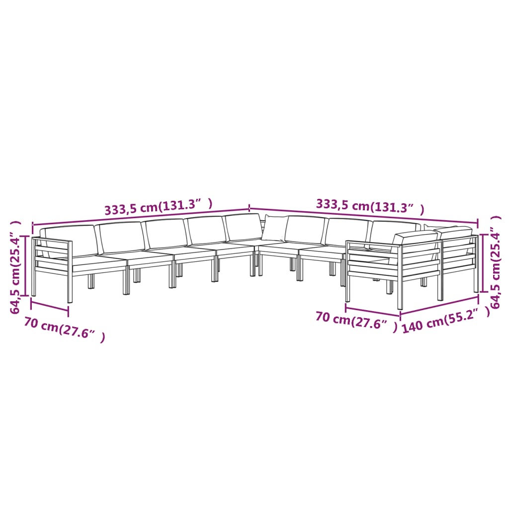 vidaXL Set muebles de jardín 10 pzas y cojines aluminio gris antracita