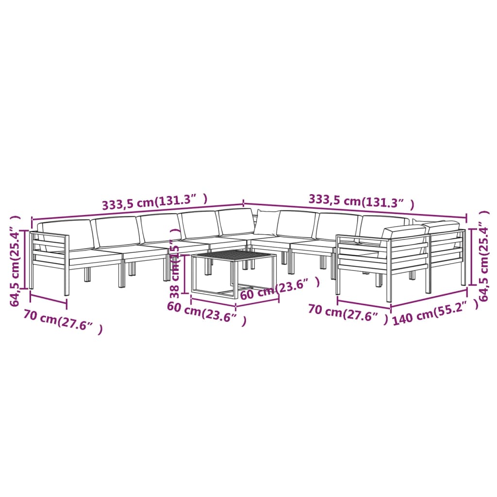 vidaXL Set muebles de jardín 11 pzas y cojines aluminio gris antracita