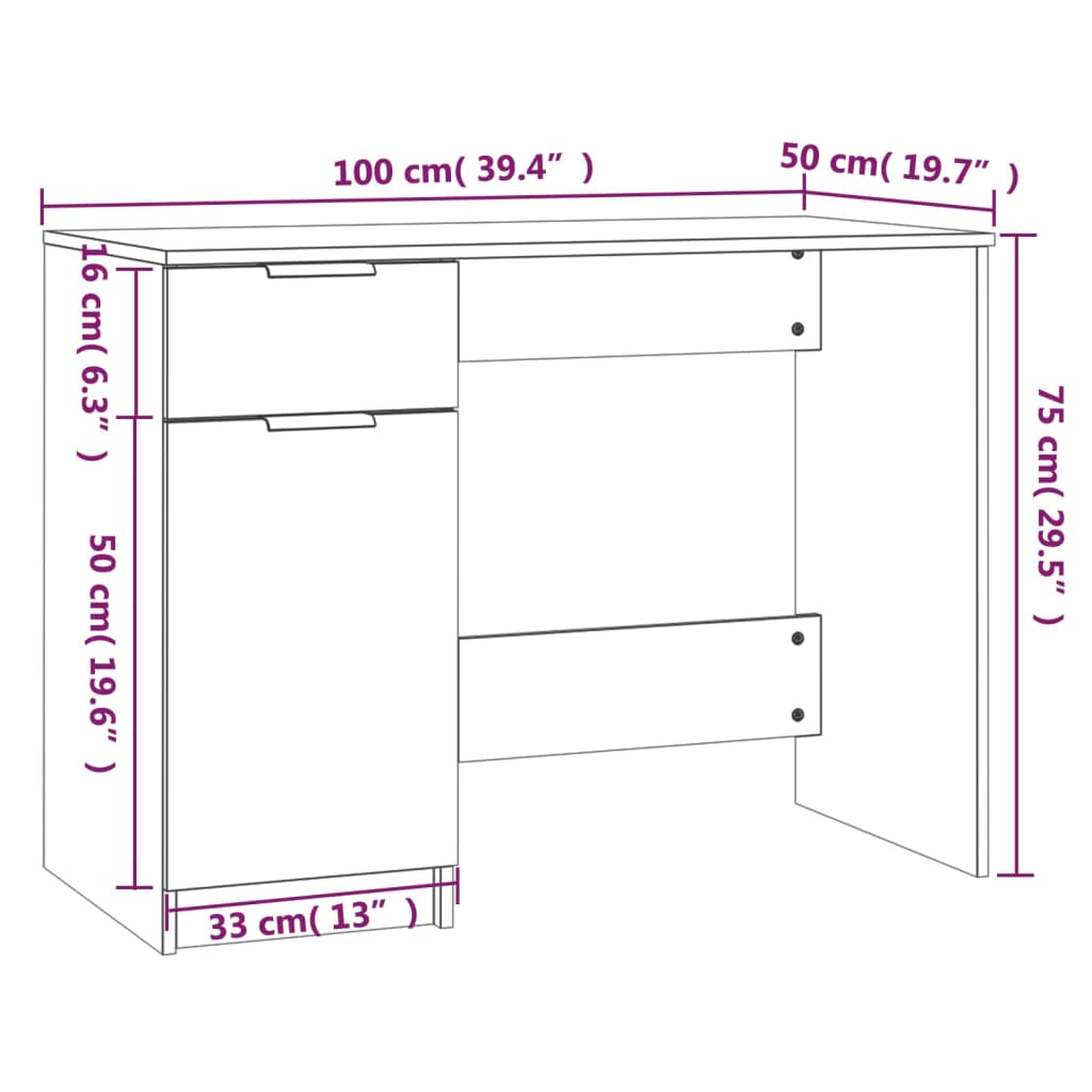 vidaXL Escritorio de madera contrachapada blanco brillo 100x50x75 cm