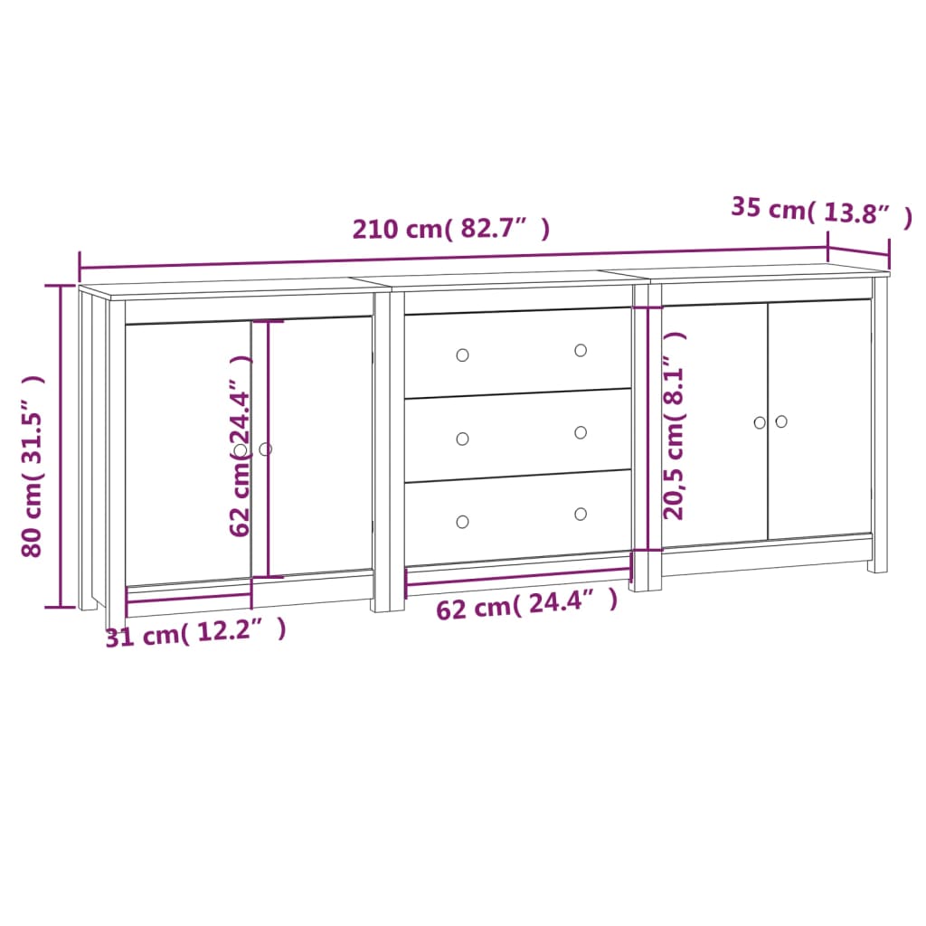 vidaXL Aparador de madera maciza de pino 210x35x80 cm