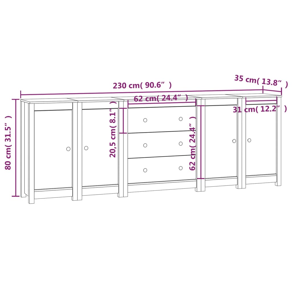 vidaXL Aparador de madera maciza de pino blanco 230 x 35 x 80 cm