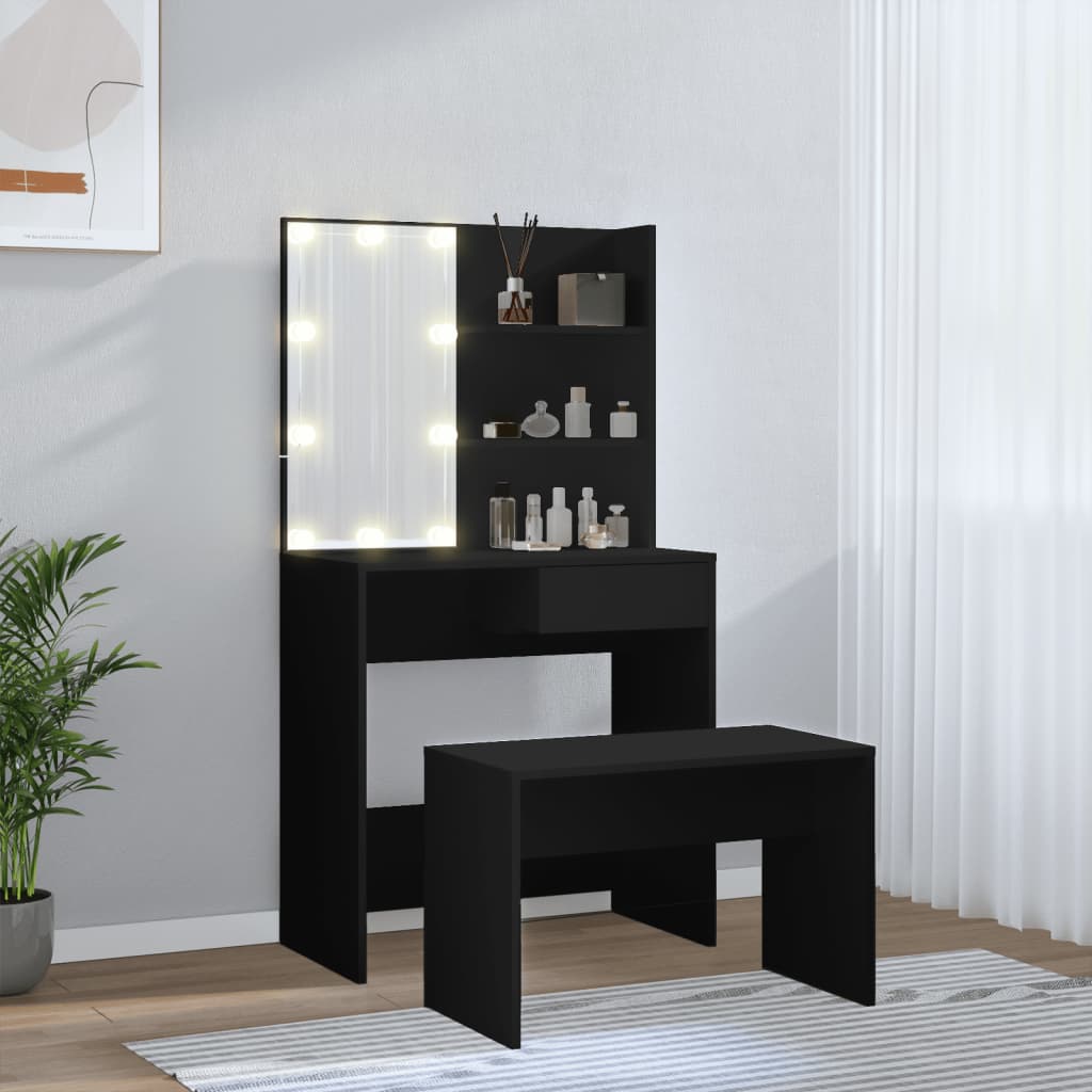 vidaXL Juego de tocador con LED madera contrachapada negro