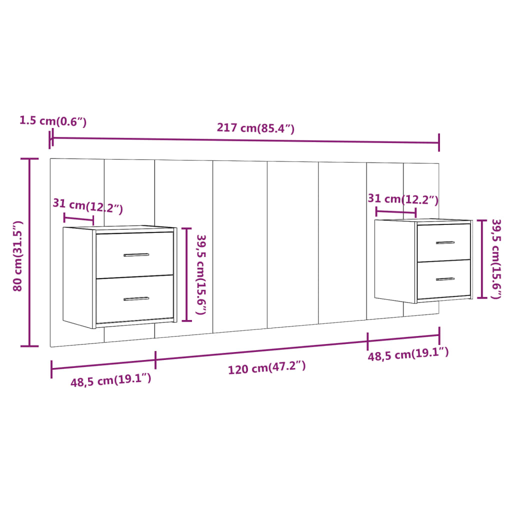 vidaXL Cabecero de cama con mesitas madera contrachapada negro