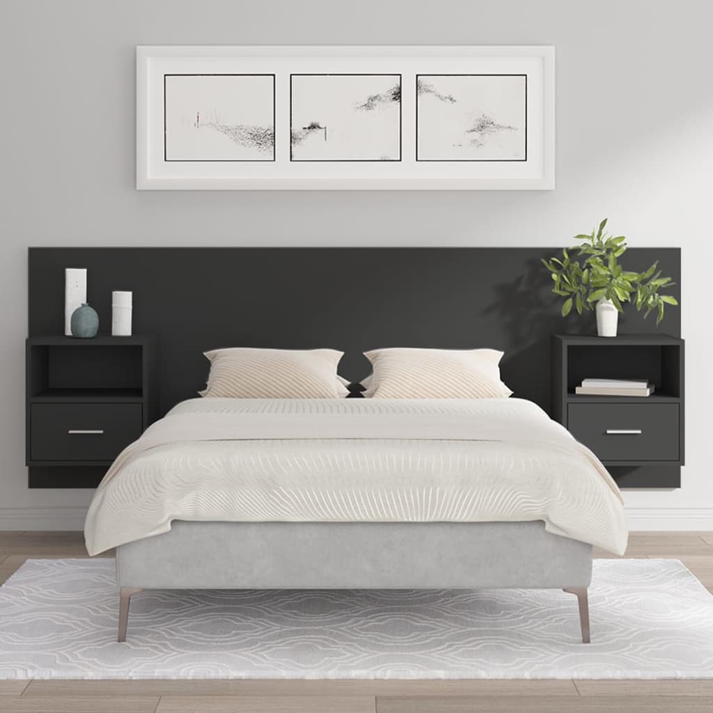 vidaXL Cabecero de cama con mesitas madera contrachapada negro