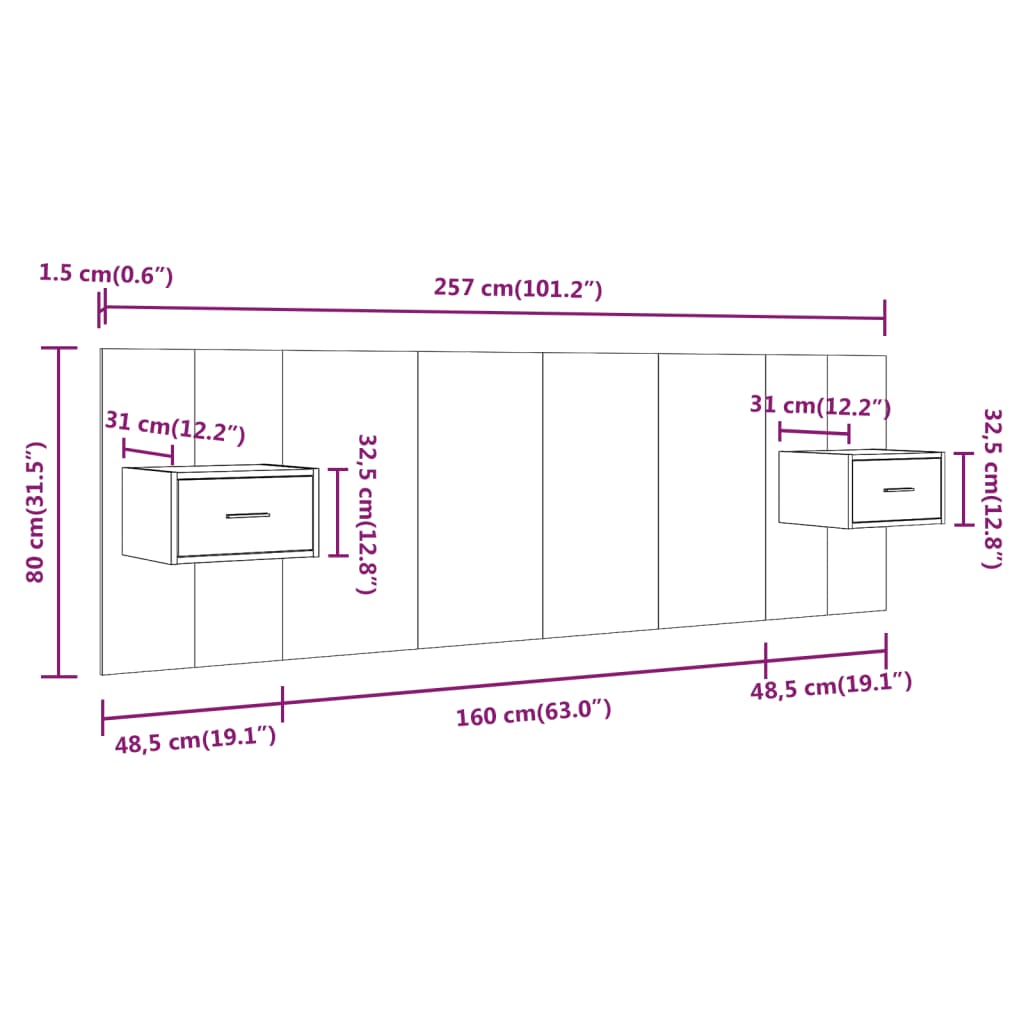 vidaXL Cabecero de cama y mesitas madera contrachapada gris Sonoma