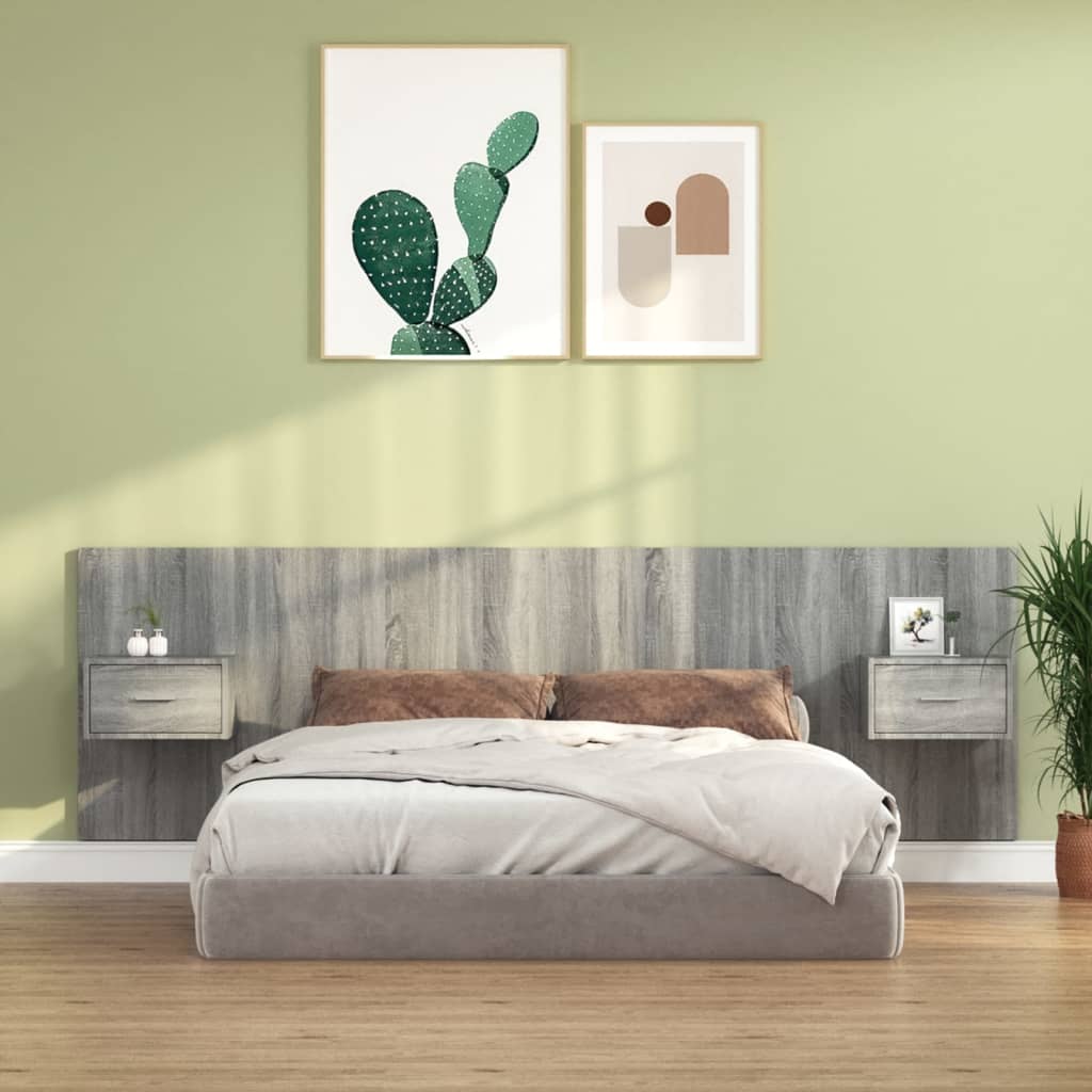 vidaXL Cabecero de cama y mesitas madera contrachapada gris Sonoma