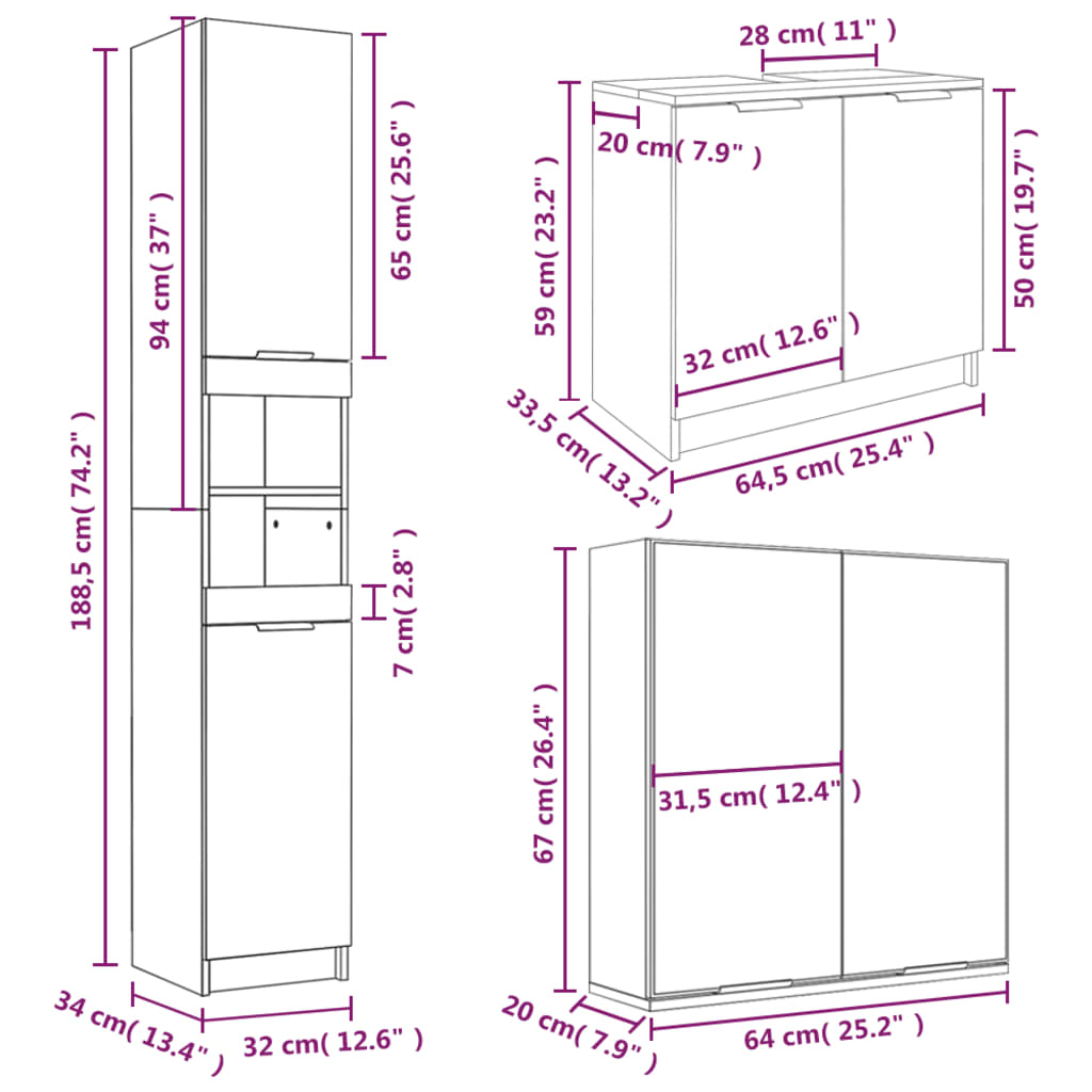 vidaXL Set de muebles baño 3 pzas madera contrachapada roble ahumado