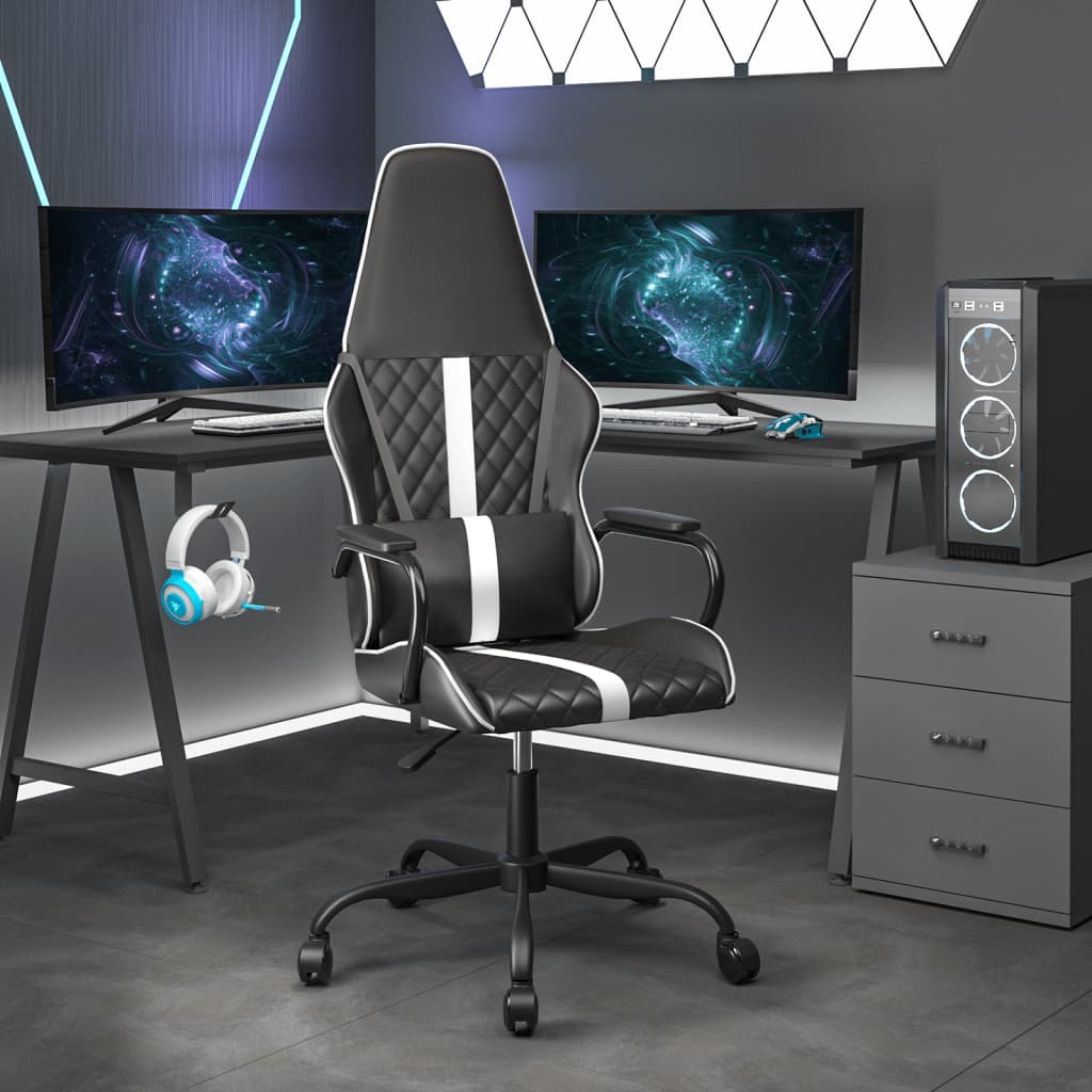 vidaXL Silla gaming de masaje cuero sintético blanco y negro