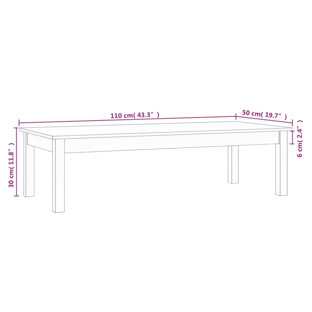 vidaXL Mesa de centro de madera maciza de pino 110x50x30 cm