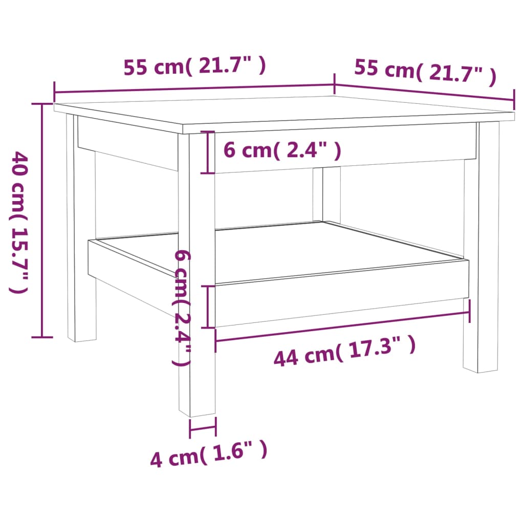 vidaXL Mesa de centro de madera maciza de pino 55x55x40 cm