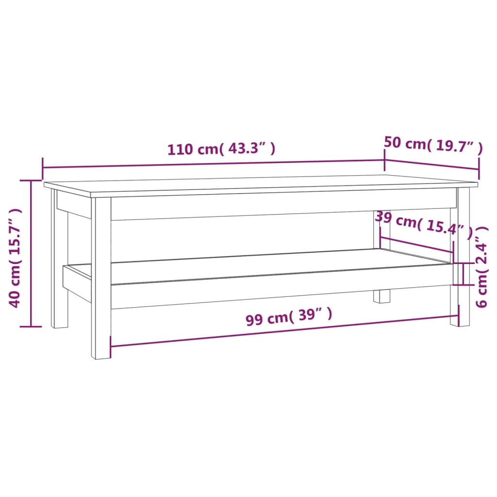 vidaXL Mesa de centro de madera maciza de pino negro 110x50x40 cm