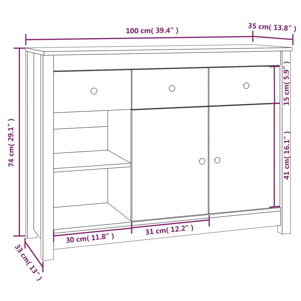 vidaXL Aparador de madera maciza de pino 100x35x74 cm