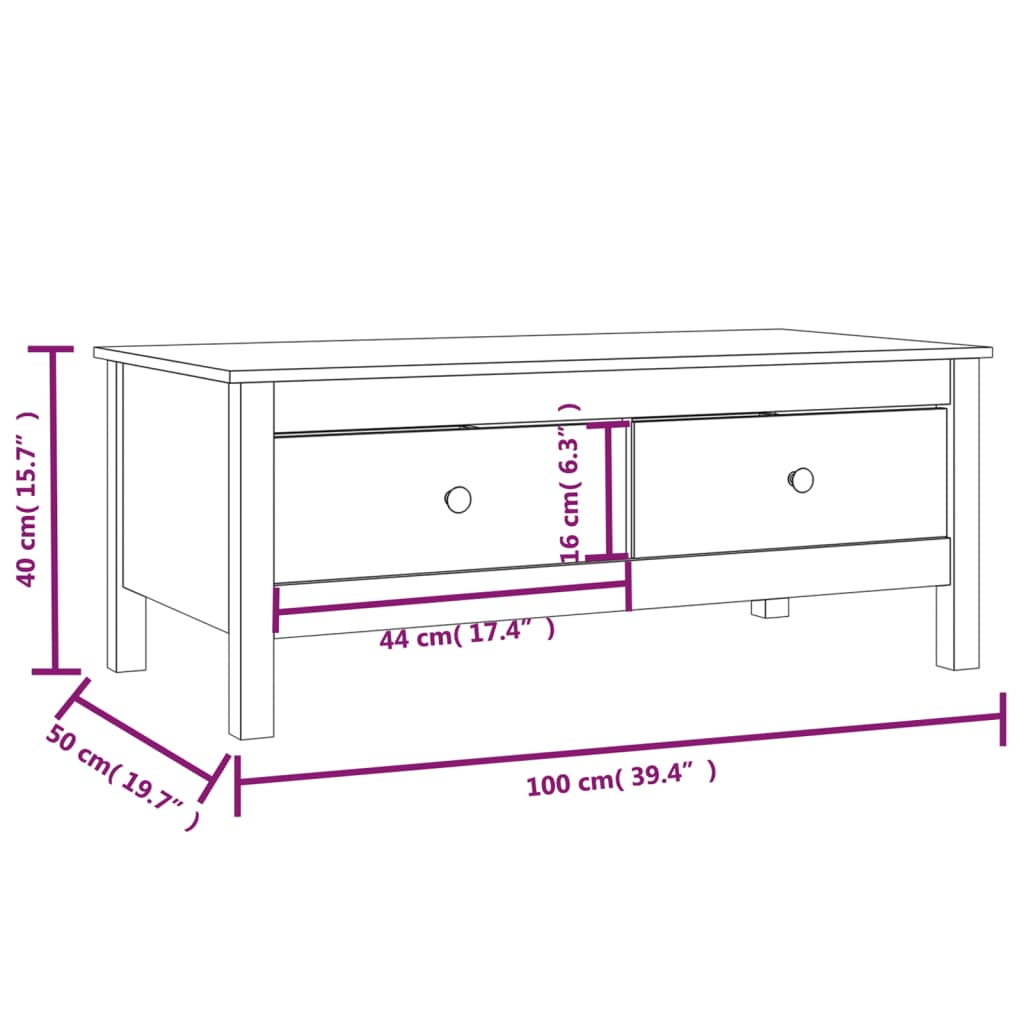 vidaXL Mesa de centro de madera maciza de pino blanco 100x50x40 cm