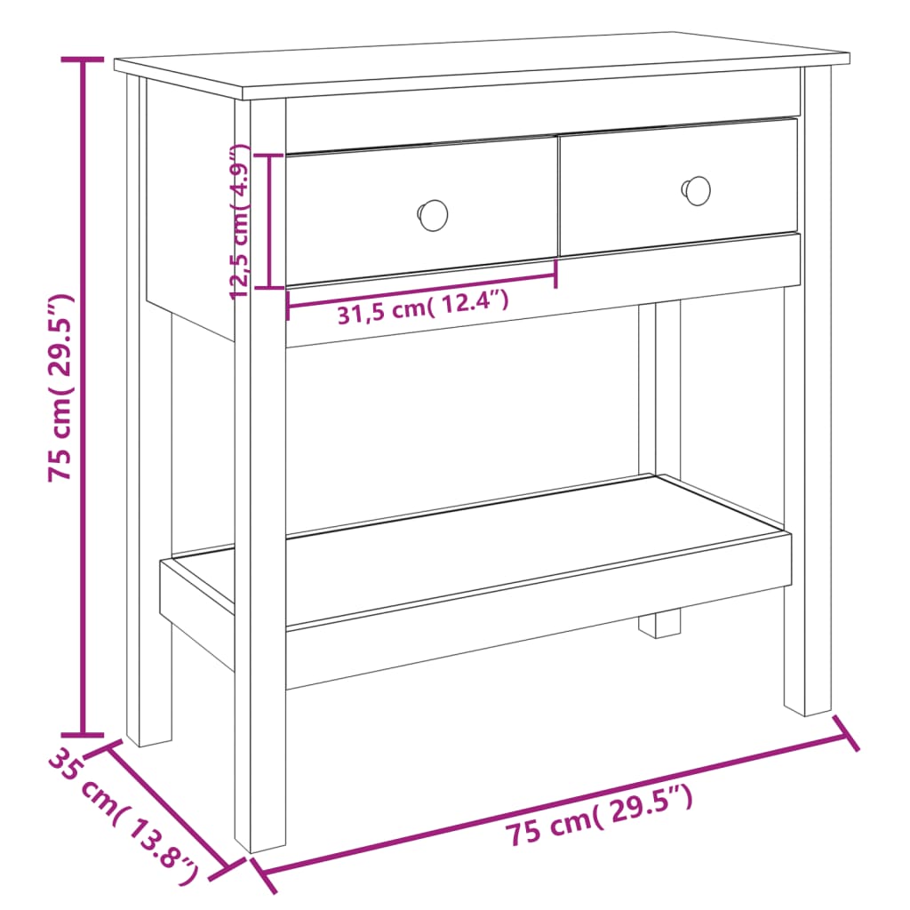 vidaXL Mesa consola madera maciza de pino 75x35x75 cm