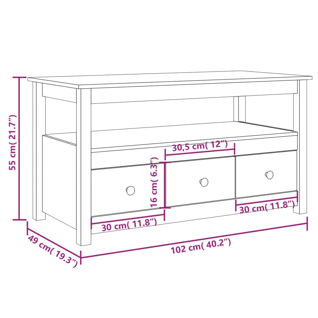 vidaXL Mesa de centro de madera maciza de pino 102x49x55 cm