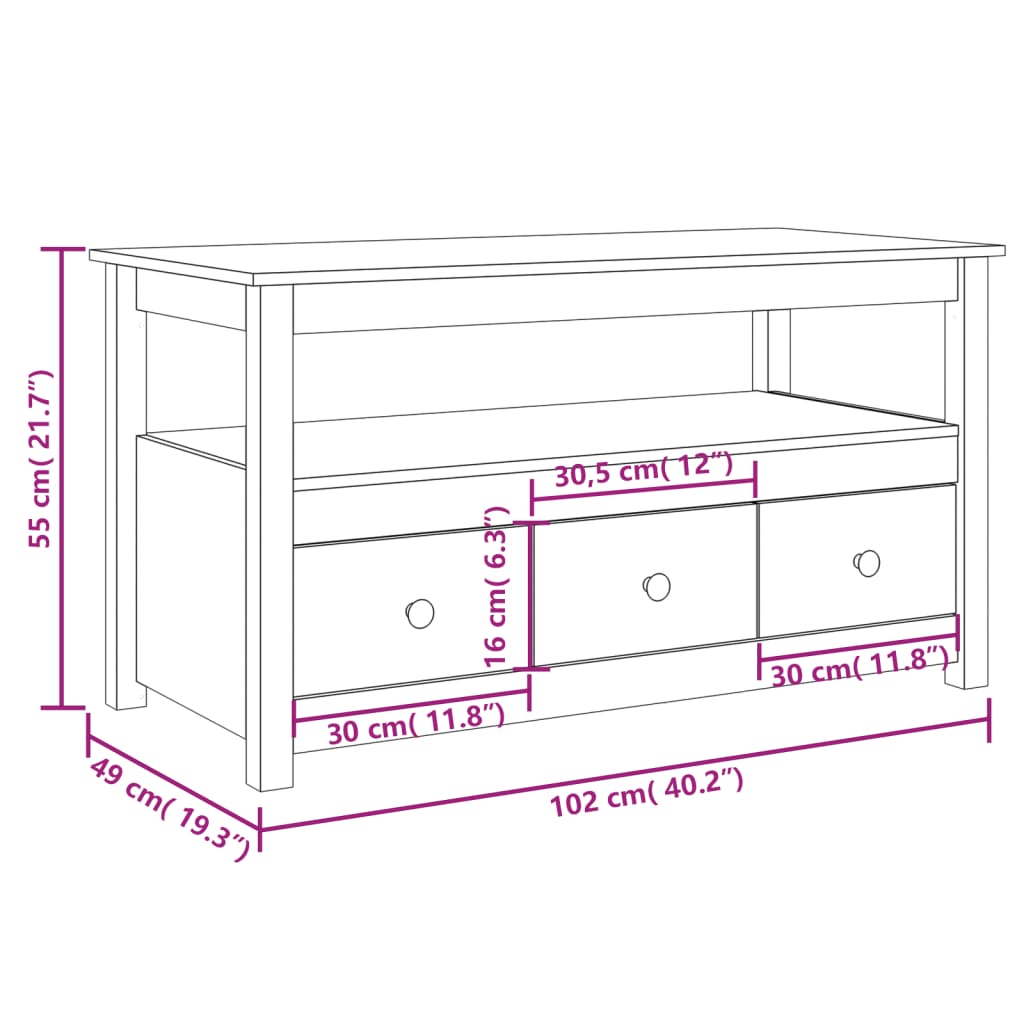 vidaXL Mesa de centro de madera maciza de pino blanco 102x49x55 cm