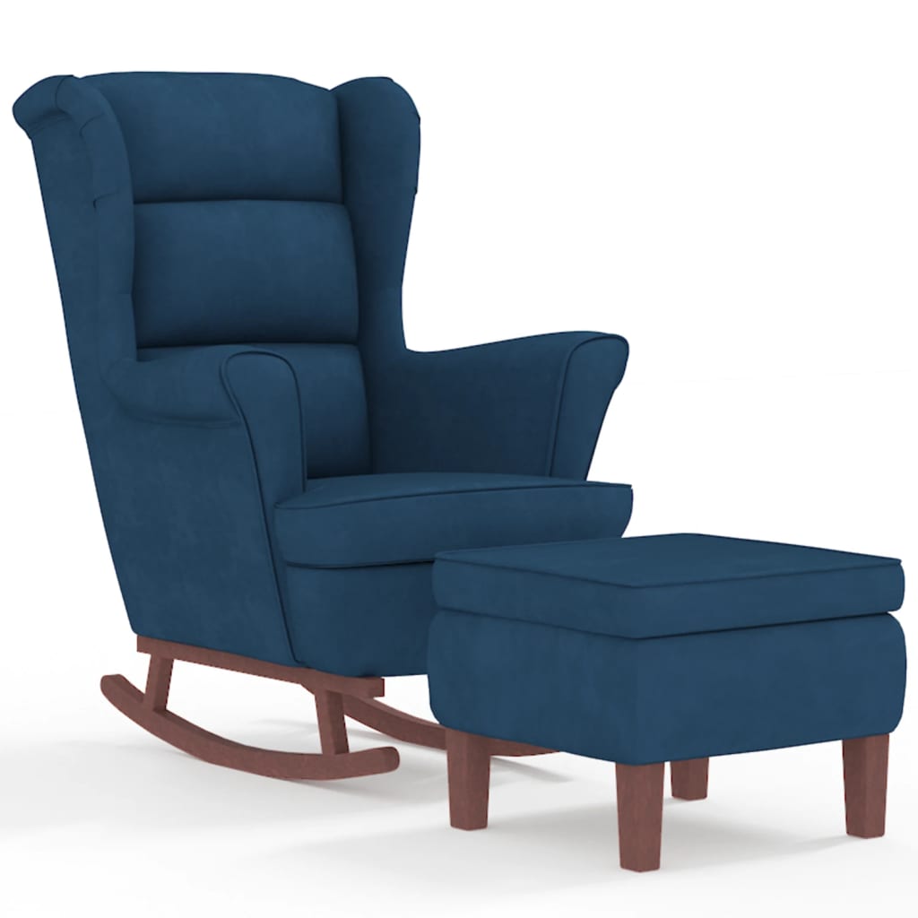 vidaXL Sillón mecedora patas madera y taburete terciopelo azul