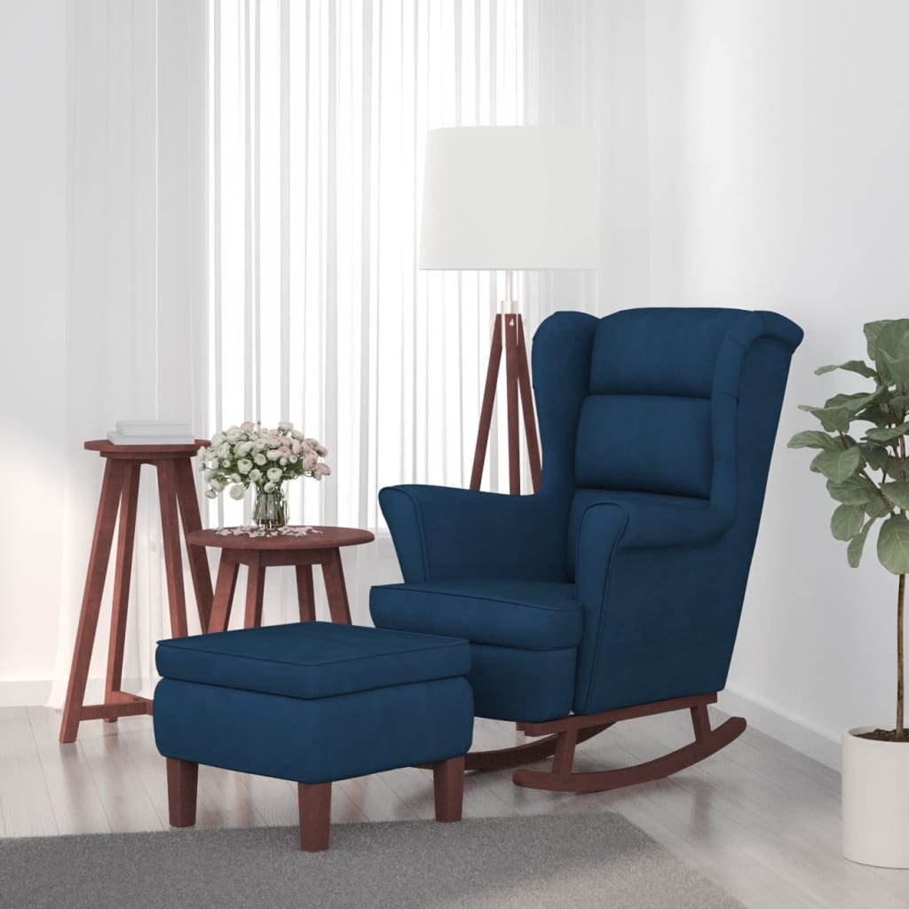 vidaXL Sillón mecedora patas madera y taburete terciopelo azul