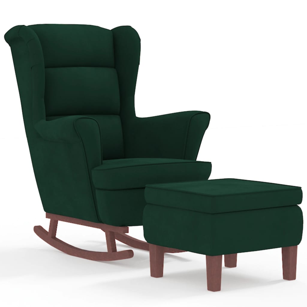 vidaXL Sillón mecedora patas madera y taburete terciopelo verde oscuro