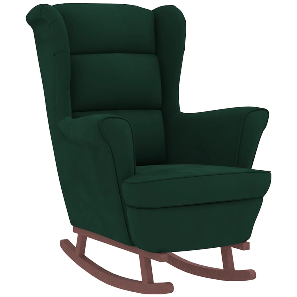 vidaXL Sillón mecedora patas madera y taburete terciopelo verde oscuro