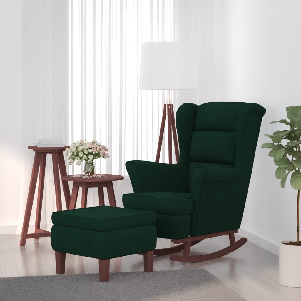 vidaXL Sillón mecedora patas madera y taburete terciopelo verde oscuro