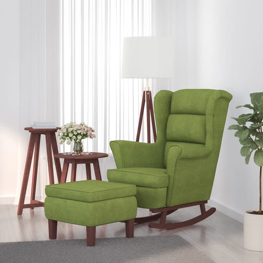 vidaXL Sillón mecedora patas madera y taburete terciopelo verde claro