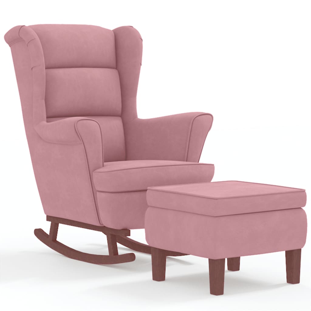 vidaXL Sillón mecedora patas madera y taburete terciopelo rosa