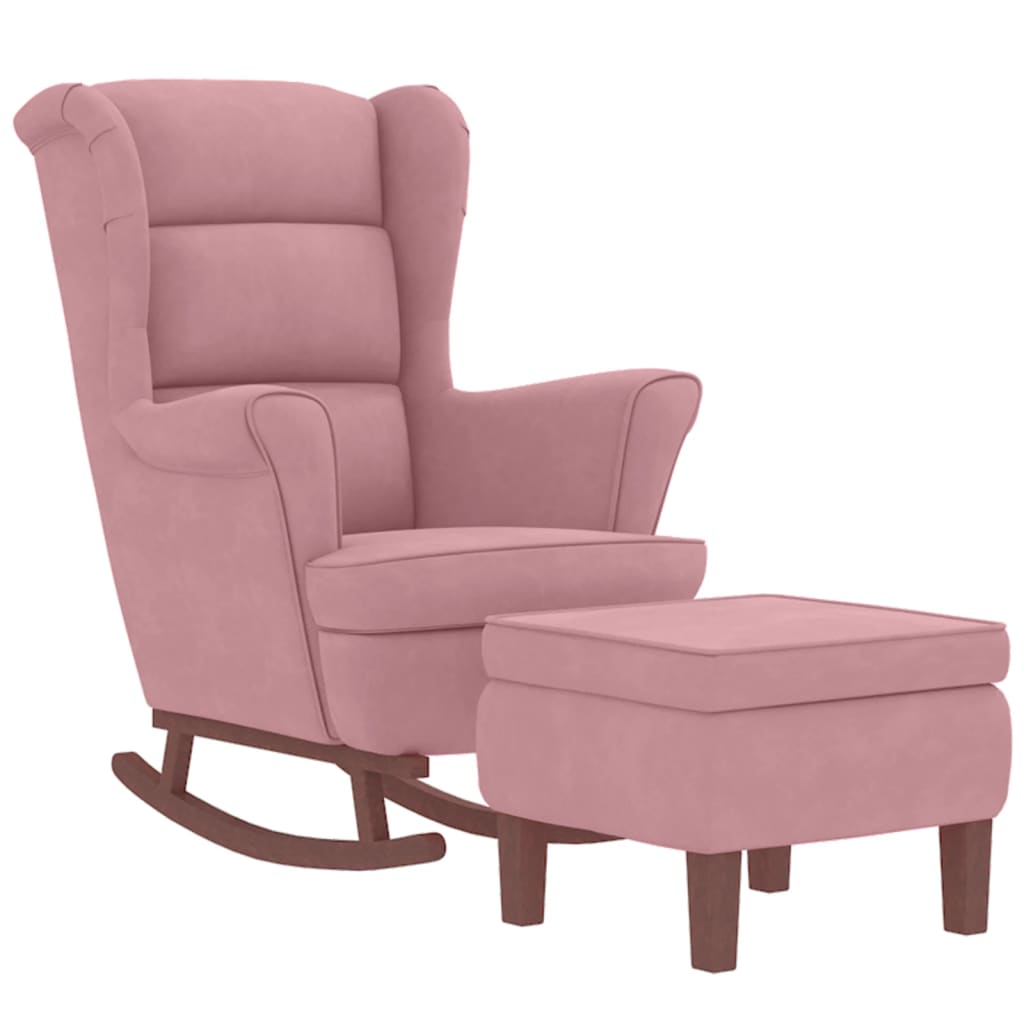 vidaXL Sillón mecedora patas madera y taburete terciopelo rosa