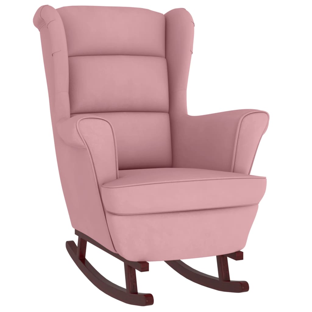 vidaXL Sillón mecedora patas madera y taburete terciopelo rosa