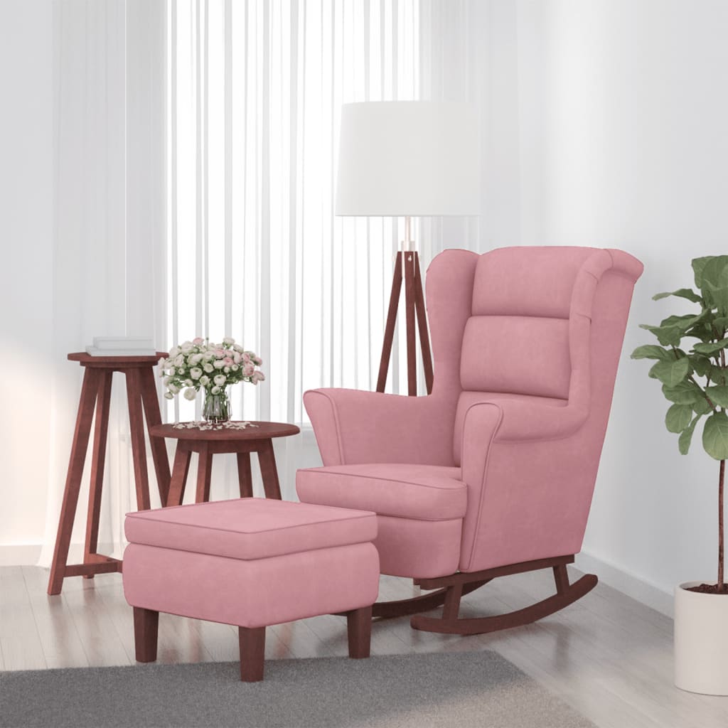 vidaXL Sillón mecedora patas madera y taburete terciopelo rosa